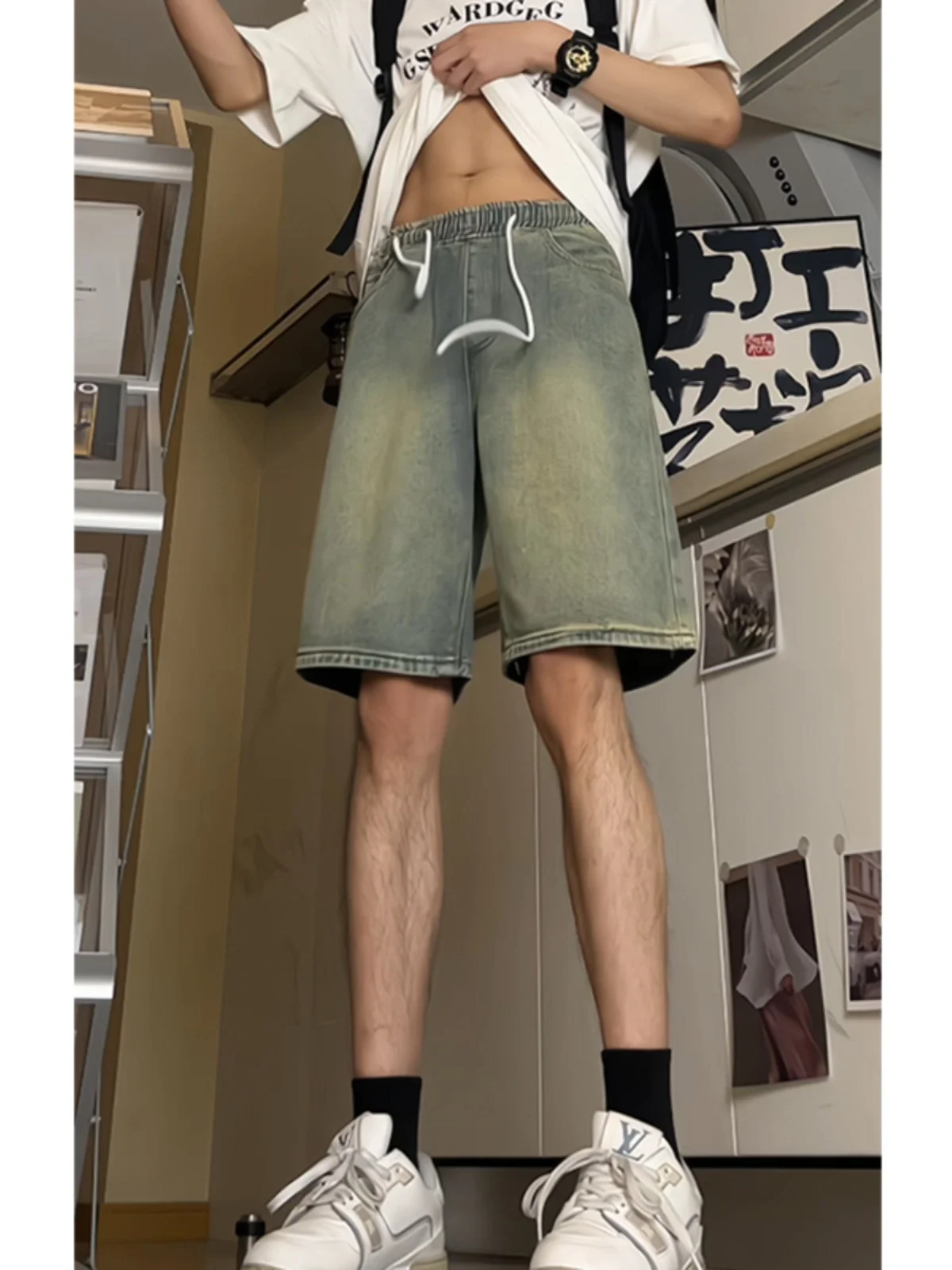 

Summer Thin Straight Leg Men's Denim orts Casual Loose Fit American High Street Sle Waed out mid Waist Jeans orts