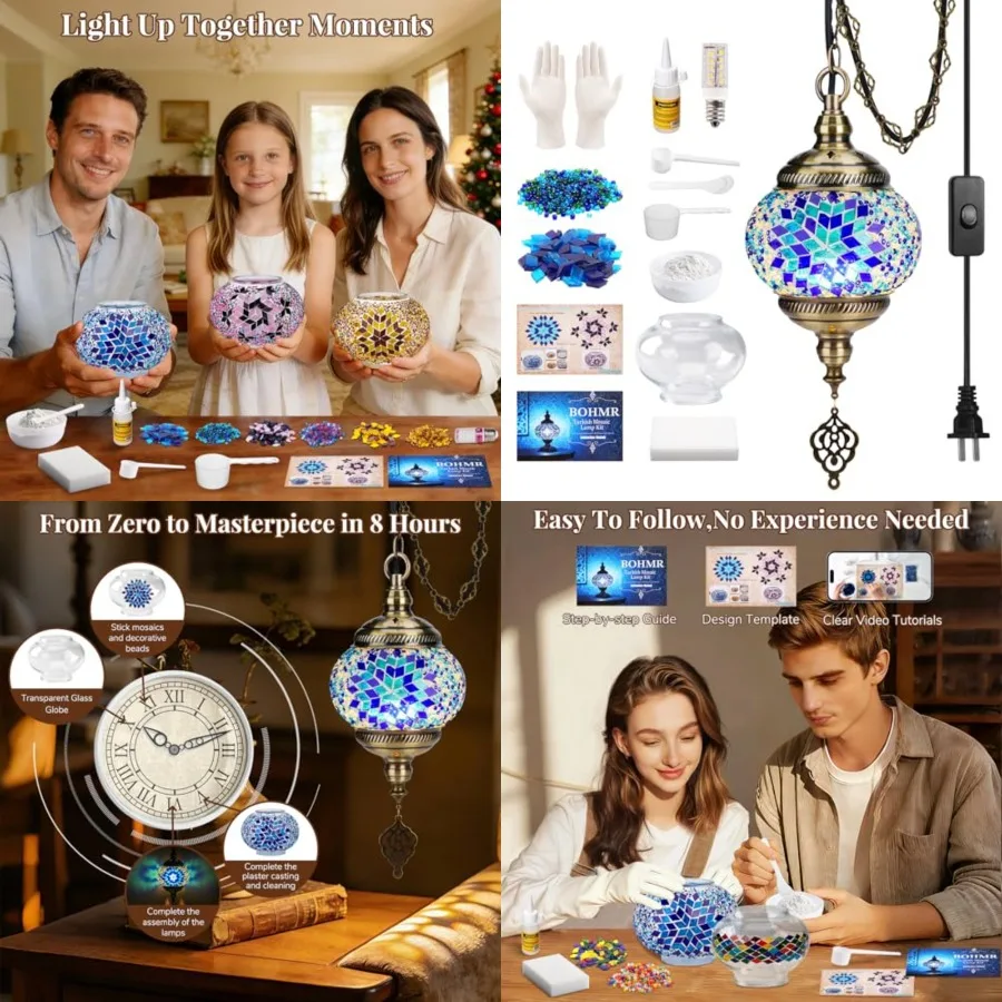 

DIY Turkish Mosaic Lamp Kit, 5.2"D Plug-in Stained Glass Pendant Hanging Lamp Making Kit with 15Feet Cord-No Skills Needed, Mos