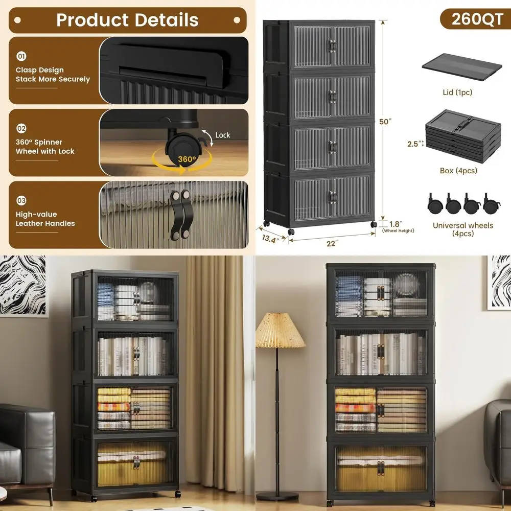 

Штабелируемые складные контейнеры для хранения с крышкой, емкостью 65 галлонов, 22x13x50, черные органайзеры для шкафов