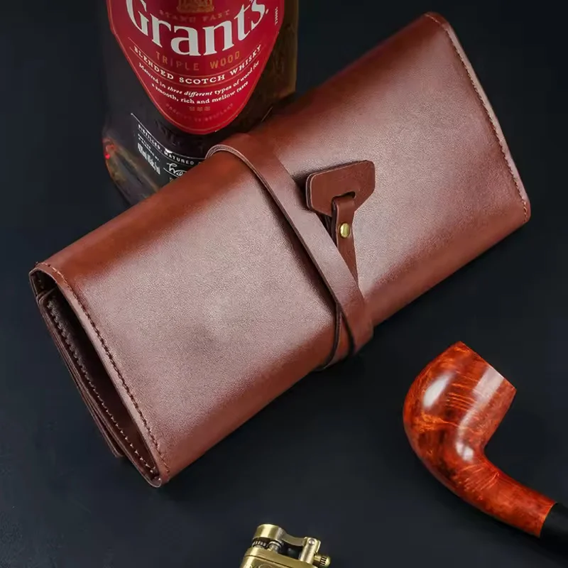 

Professional Pipe Tobacco Pouch, Durable PU Leather Foldable Roll Kit with Tool Slots & Humidor Bag, Men's Smoking Essentials