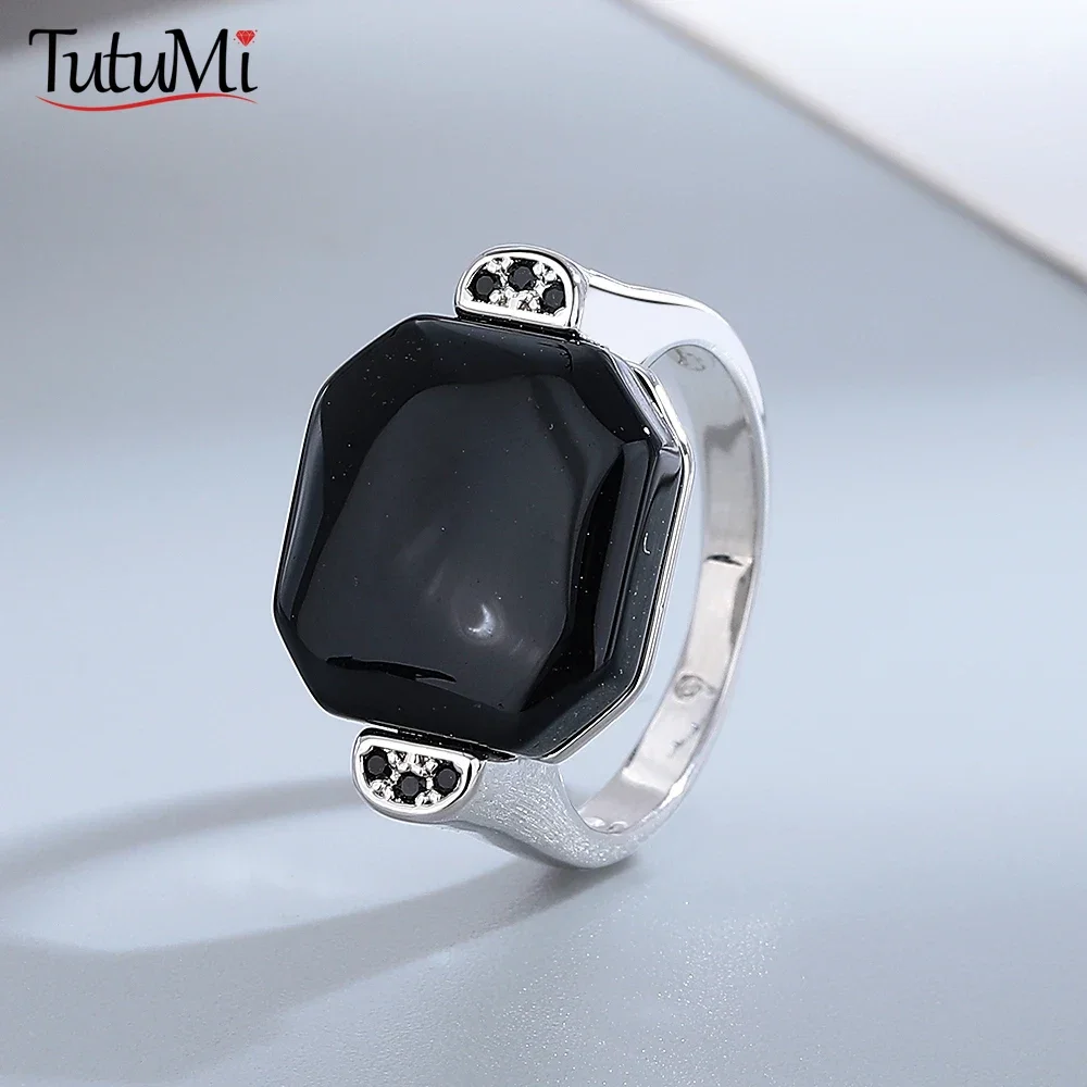 Cincin perhiasan perak Sterling 925 Octagon Natural 13*12mm, cincin Vintage batu akik hitam untuk hadiah pesta wanita