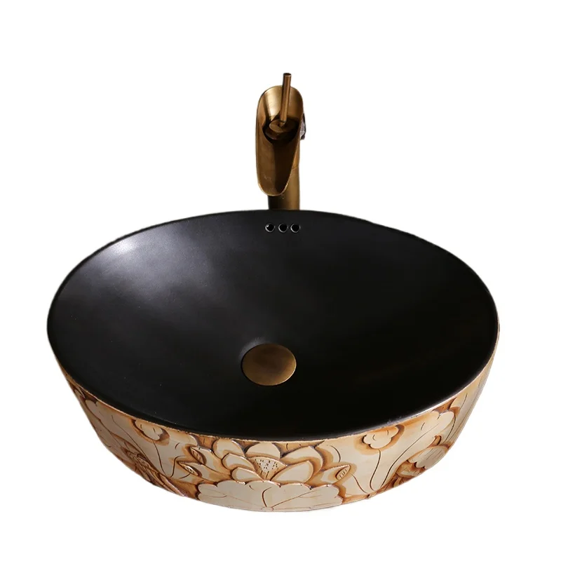 

Carving lotus antique art stage ceramic washbasin creative Chinese retro washbasin