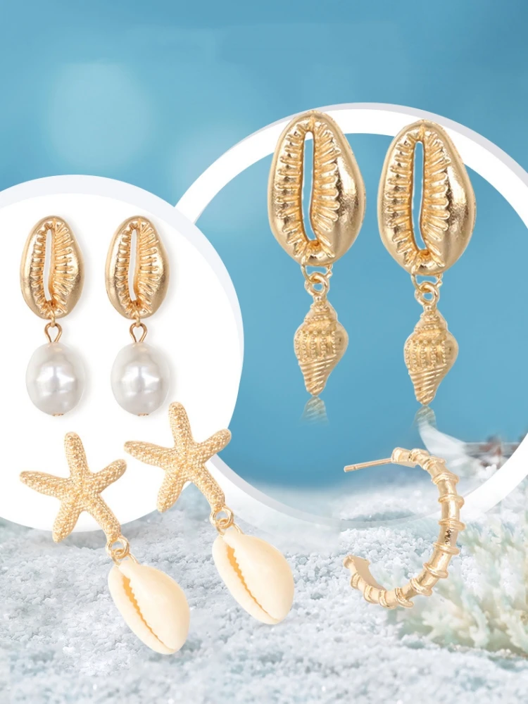 4Paris/set Bohemian Shell Irregular Imitation Pearl Conch Starfish Earrings Earrings
