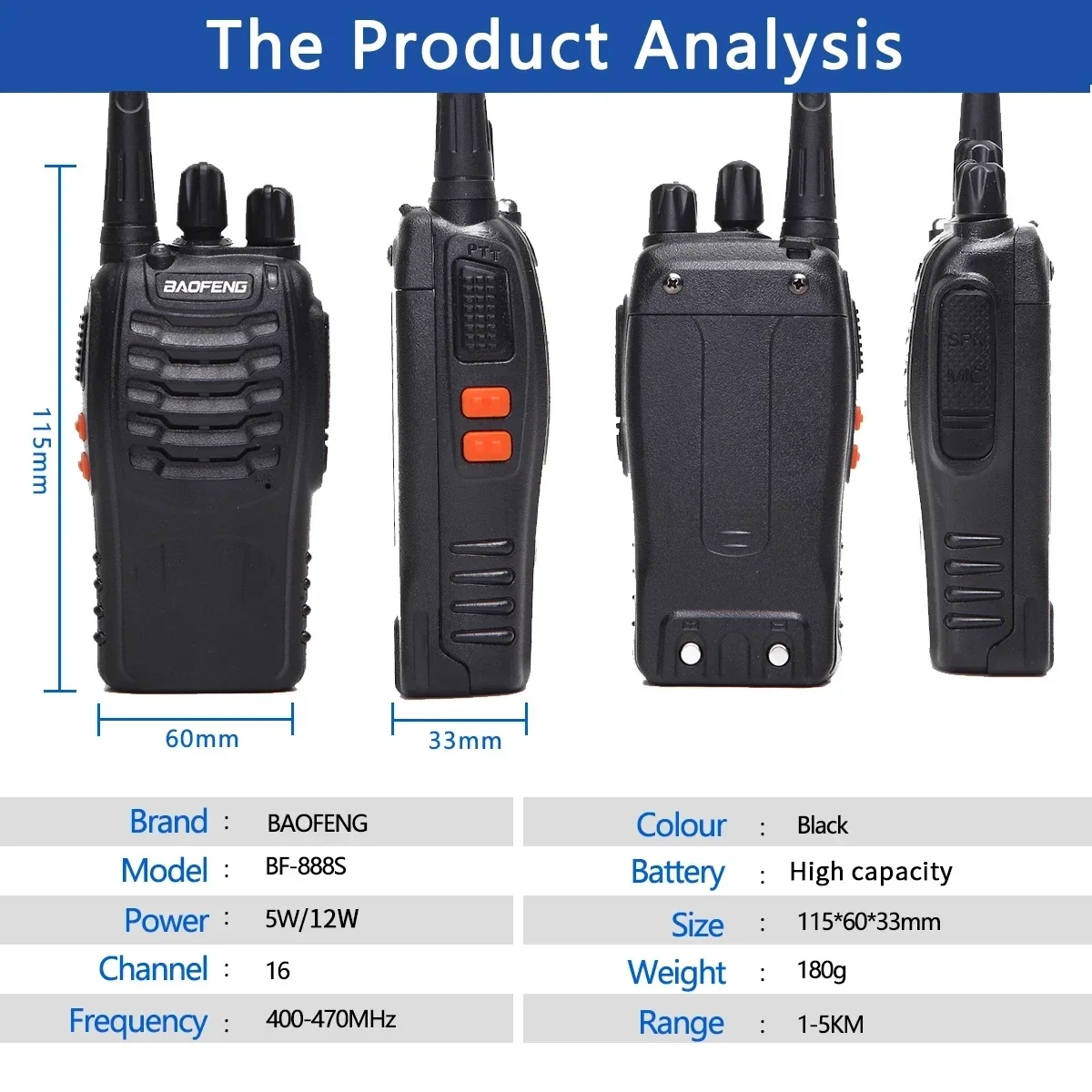 2/4PCS Baofeng BF-888S 12W Walkie Talkie dwuzakresowy przenośne daleki zasięg czuwania UHF 400-470MHz USB Ham dwukierunkowe Radio do polowania