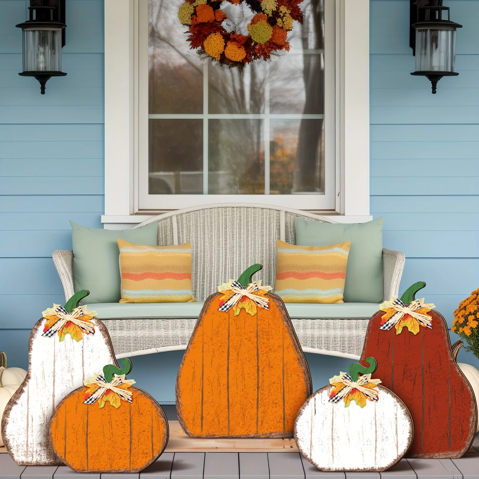 

5pcs Farmhouse Thanksgiving Decorations for Home Outdoor Fall Pumpkin Porch Standing Welcome Harvest Wood Pumpkin Sign Autumn Sign for Front Door Porch Garden Yard Patio(Classic)