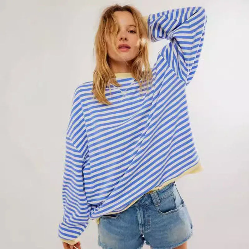 Damen Herbst/Winter Neuer Gestreifter Rundhals-Pullover Locker Lässig Langarm Sweatshirt Streetwear Harajuku-Stil Sweatshirt-Jacke – Detail 2