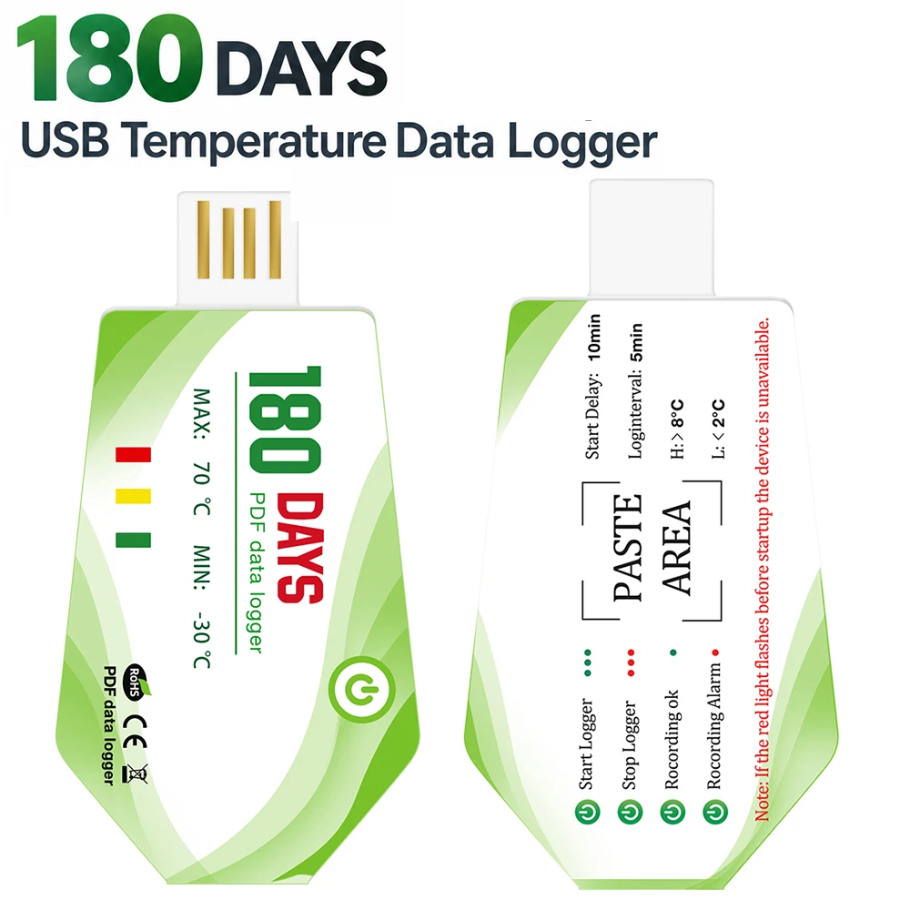 180 Days USB Temperature Recorder Single Use Cold Chain Temperature Monitor PDF Data Logger LED Temperature Alarm Indicator