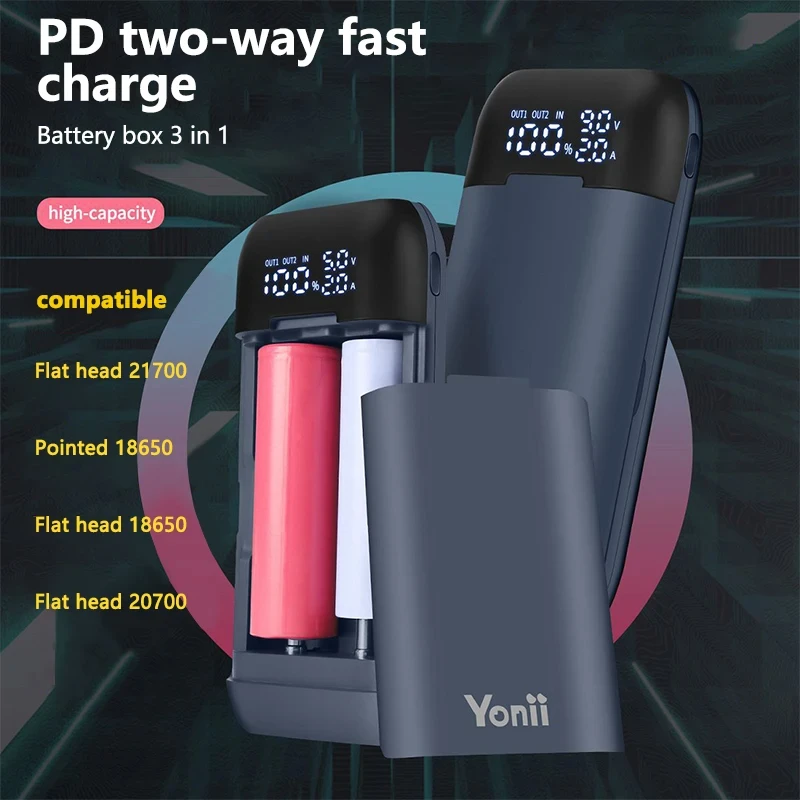 Battery Charger Case 18650 21700 20700 Rechargable Lithium Li-ion Batteries DIY Power Bank Portable Charger QC3.0 Fast Charging