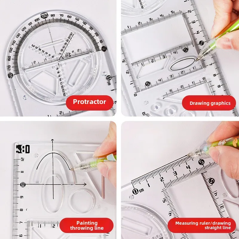 Students Multi-functional Drawing Ruler Rotatable Geometric Ruler Universal Function Drawing Protractor Stationery Set
