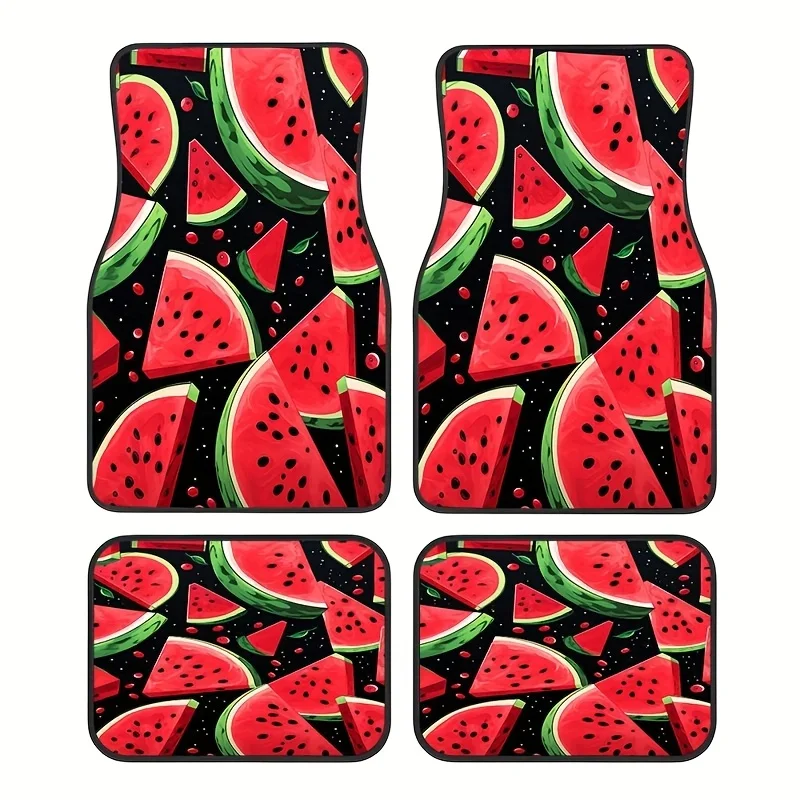 Set of 4, Summer-Themed Watermelon Design Car Mats, Universal Fit, Easy To Clean Interior Additions, Ideal