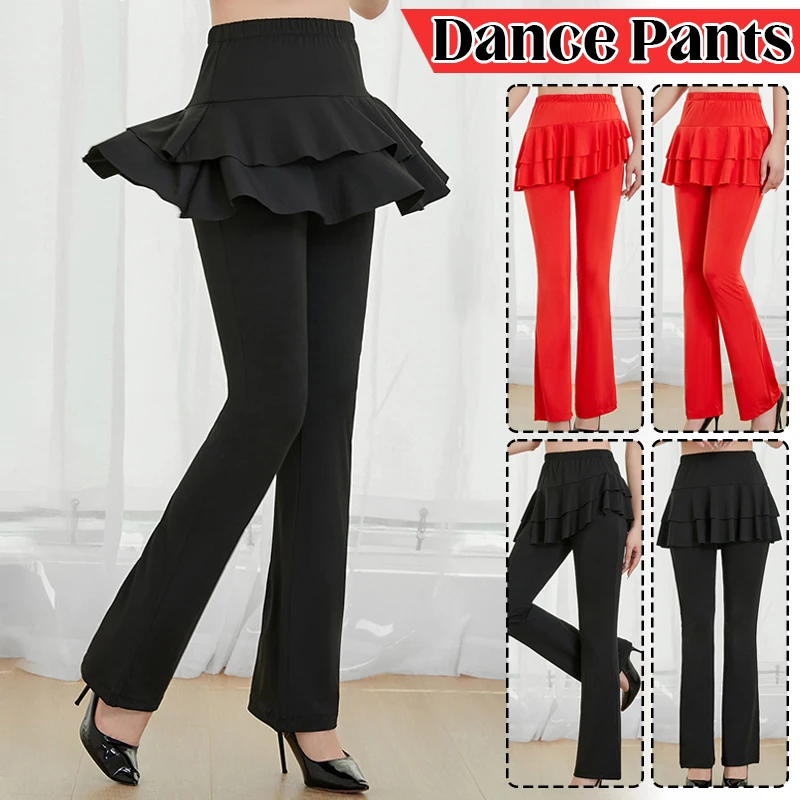 Women Latin Dance Pants One-Piece Ruffled Skirts Dance Pants Ballroom Samba Latin Dance Bottoms Stage Performamnce Costume