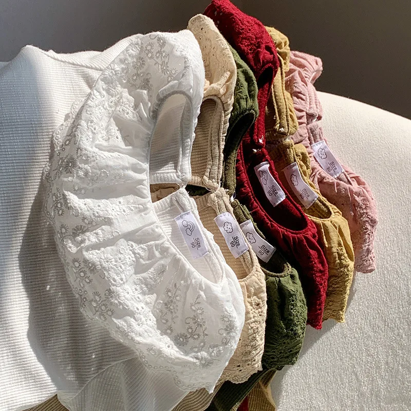 Baby Clothes Spring Girls Long Sleeve T-shirts Lace Lotus Collar Princess Kids Ribbed Bottoming Shirt Toddler Cotton Tops