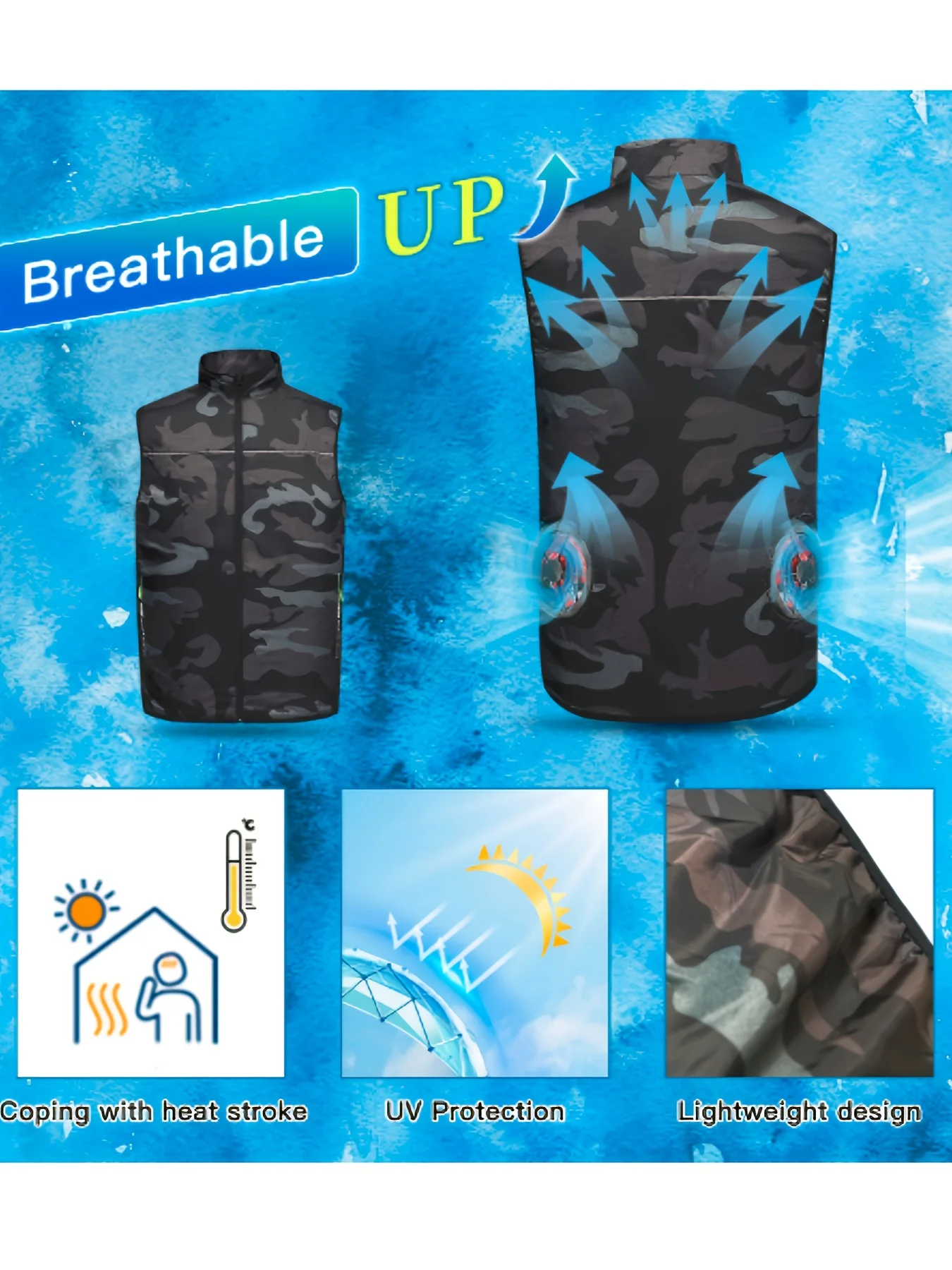 Camouflage Cooling Vest With 24000mAh Large Capacity Battery, 12V Strong Airflow Air Conditioning Suit With Double Fans, Three K