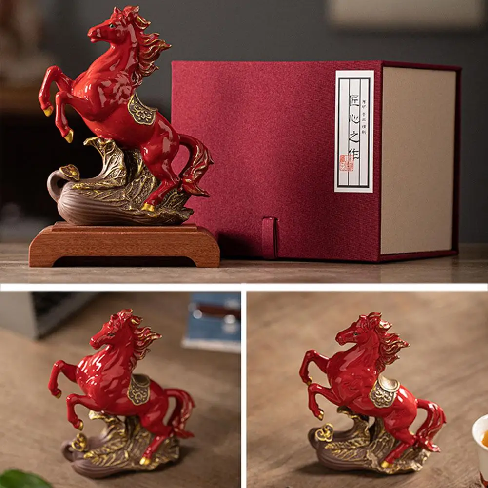 Keramik 2026 Chinesische Rote Pferdestatue - Erfolgsvorhersage Pferdefigur, Schreibtisch-Dekoration, Feng Shui Reichtum-Erfolg Ornament Geschenk
