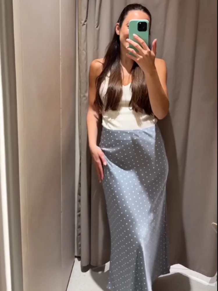 

HH Women's Summer Fashion Versatile Satin Silky Texture Midi Polka Dot Skirt Female Elegant High Waist Daily Casual Long Skirt