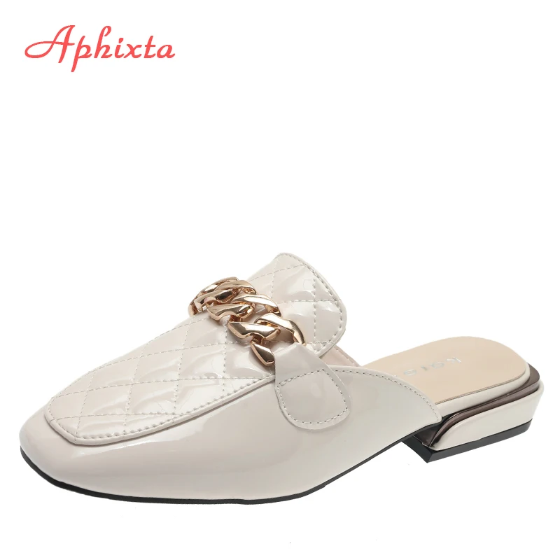 

Aphixta 2022 New Patent Leather Grid Mules Women Slides Chain Square Toe Shoes Classic Footwear Plus Large Size 42 43 Slippers