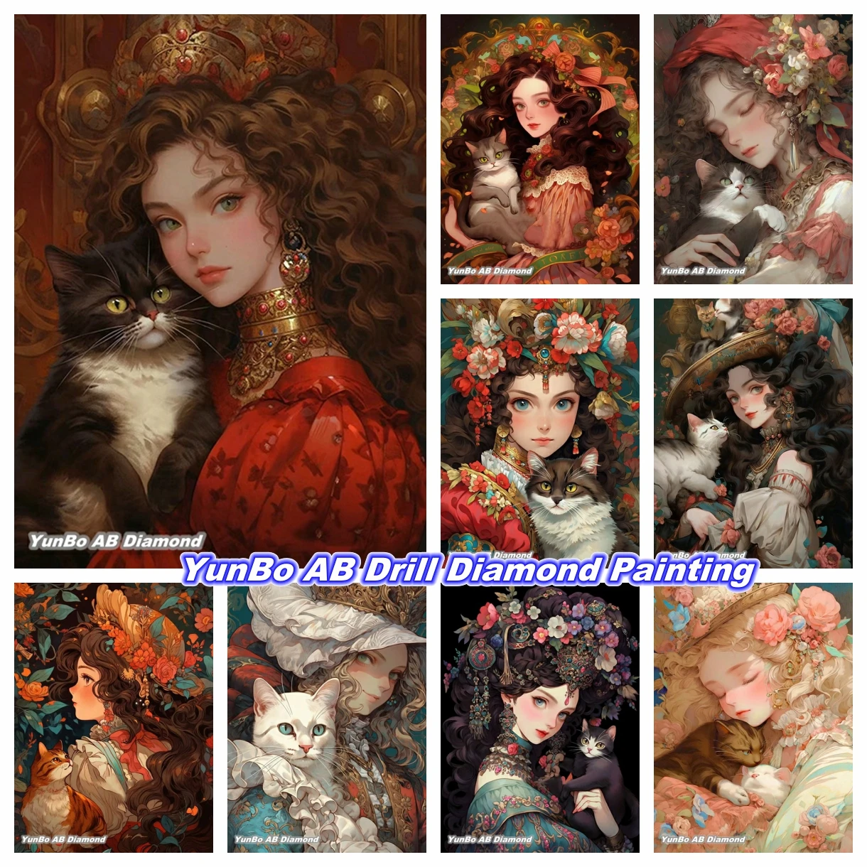 

Fantasy Cat Girl DIY AB Drill Diamond Painting Pretty Woman Cartoon Pictures Cross Stitch Kits Rhinestone Mosaic Home Decor Gift