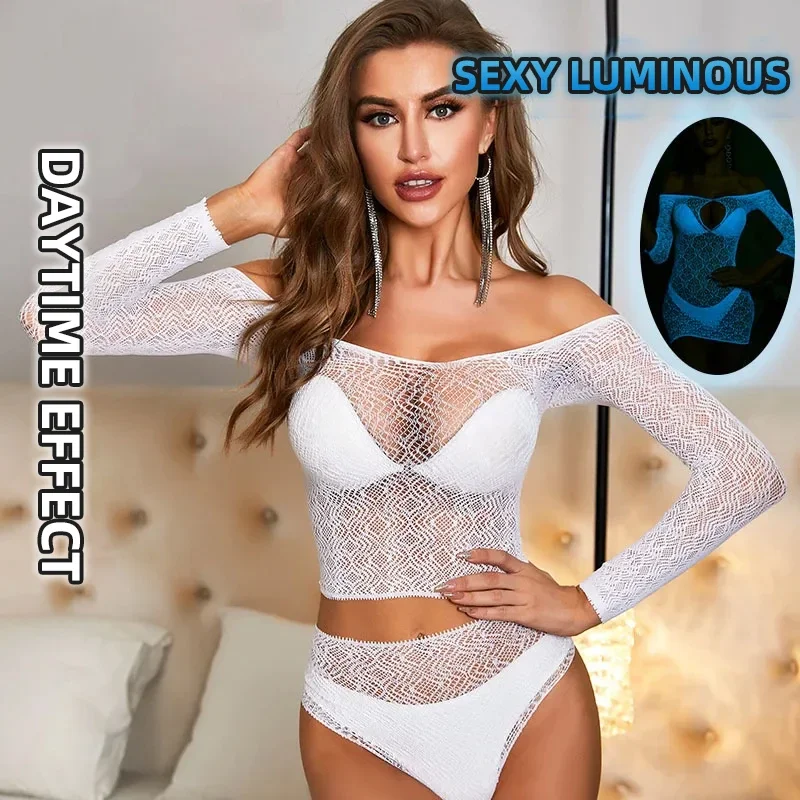 Lencería Sexy luminosa para mujer, Body porno, ropa interior sin entrepierna, picardías de rejilla, eróticos disfraces, novedad