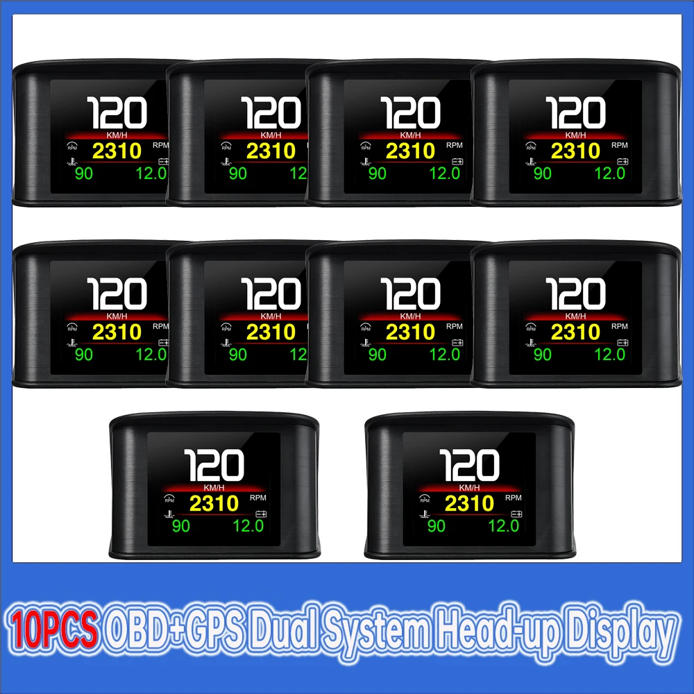 10pcs OBD2 Digital Car Head Up Display Speedometer Tachometer Battery Voltage Oil Pressure Coolant Temp Smart Car HUD Gauge