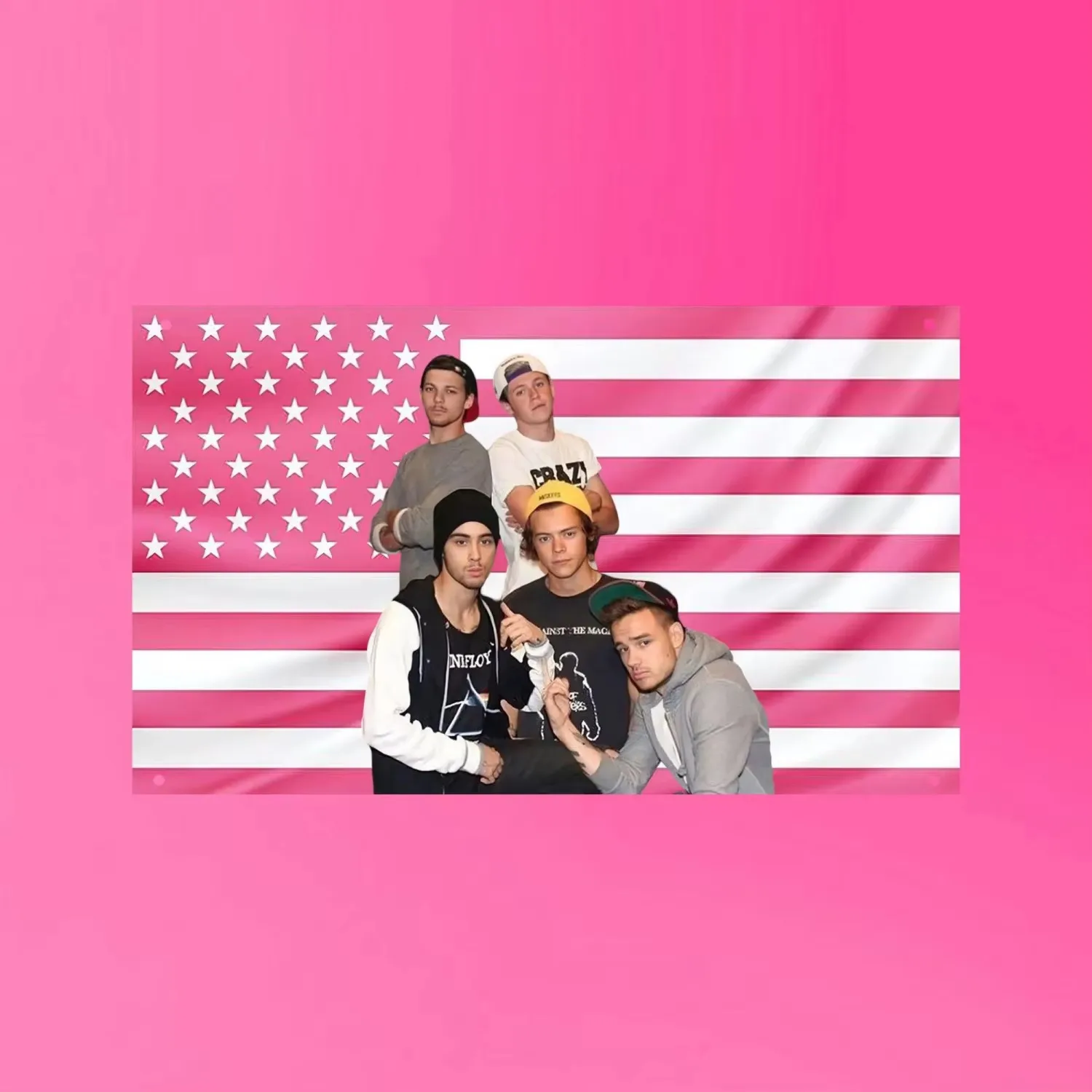 One Direction Pink Aesthetic Flag Tapestry, Vintage Boy Band Wall Hanging Y2K Pop Music Decor for Bedroom Dorm Room Gift