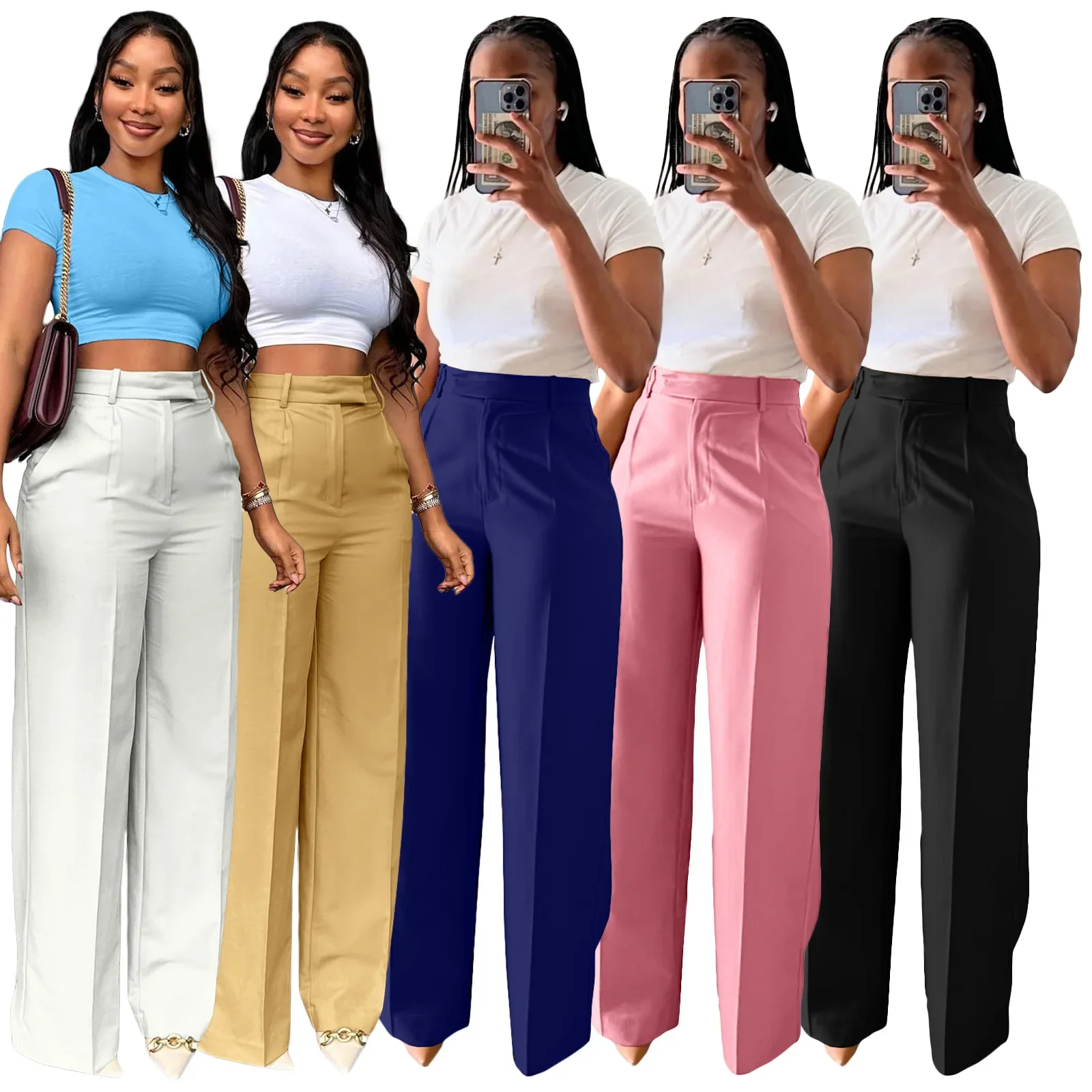 

Women Wide Leg Pants Long Pant Slim Fit Casual Regular Solid High Waist Straight Trousers Elegant Splice Simple Capris 2024