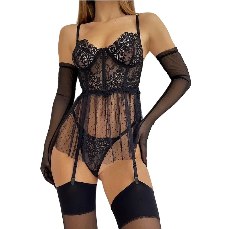 منامة وسراويل داخلية تنورة ملابس داخلية مثيرة دانتيل أسود شفاف طقم قميص قصير بقصة ضيقة يشمل ملابس مثيرة من قطعة واحدة مشد