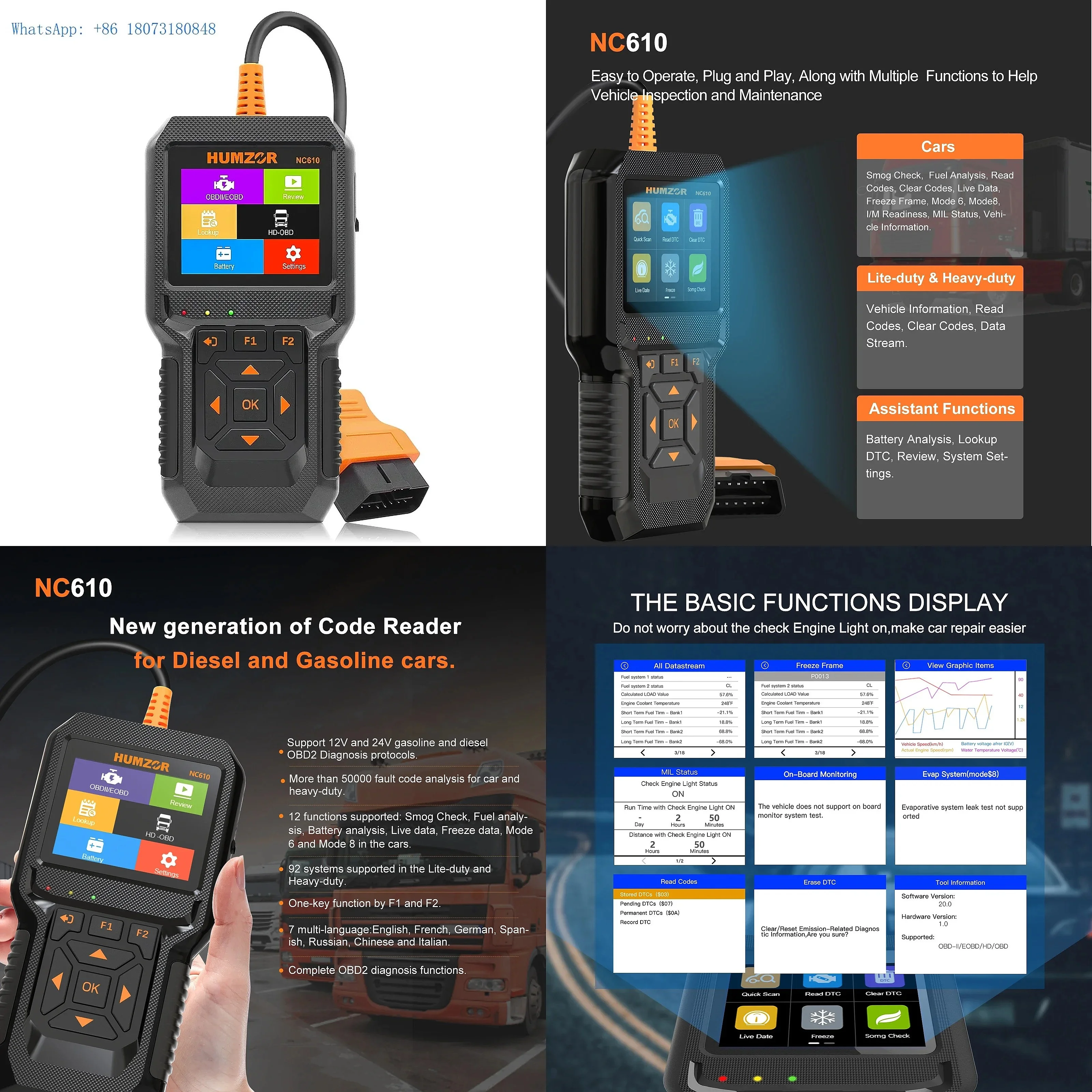 Humzor Nexzcheck NC610 2in1 OBD2 Code Reader OBD Scanner 12V 24V Car and Truck Diagnostic Machine Tool