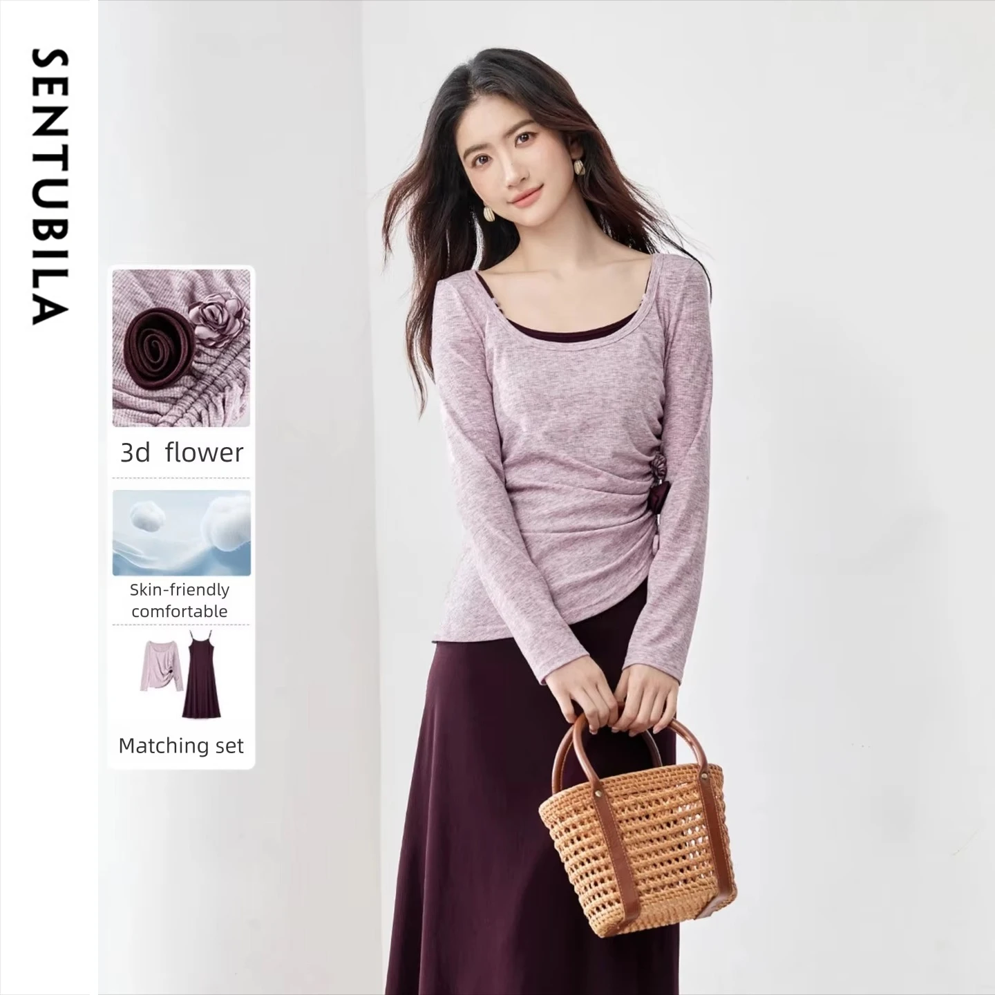 SENTUBILA Women Elegant 2 Piece Dress Set 2026 Ladies Autumn Long Sleeve Knit Top Slim Slip Maxi Dress Matching Set W61ZB5038