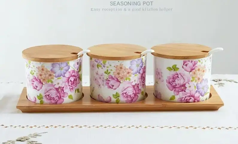 

Набор из 3 предметов, набор подставок для специй из тонкого костяного фарфора с ложкой и крышкой, розовый нижний дизайн, банка для соли и перца, фарфоровая коробка для специй