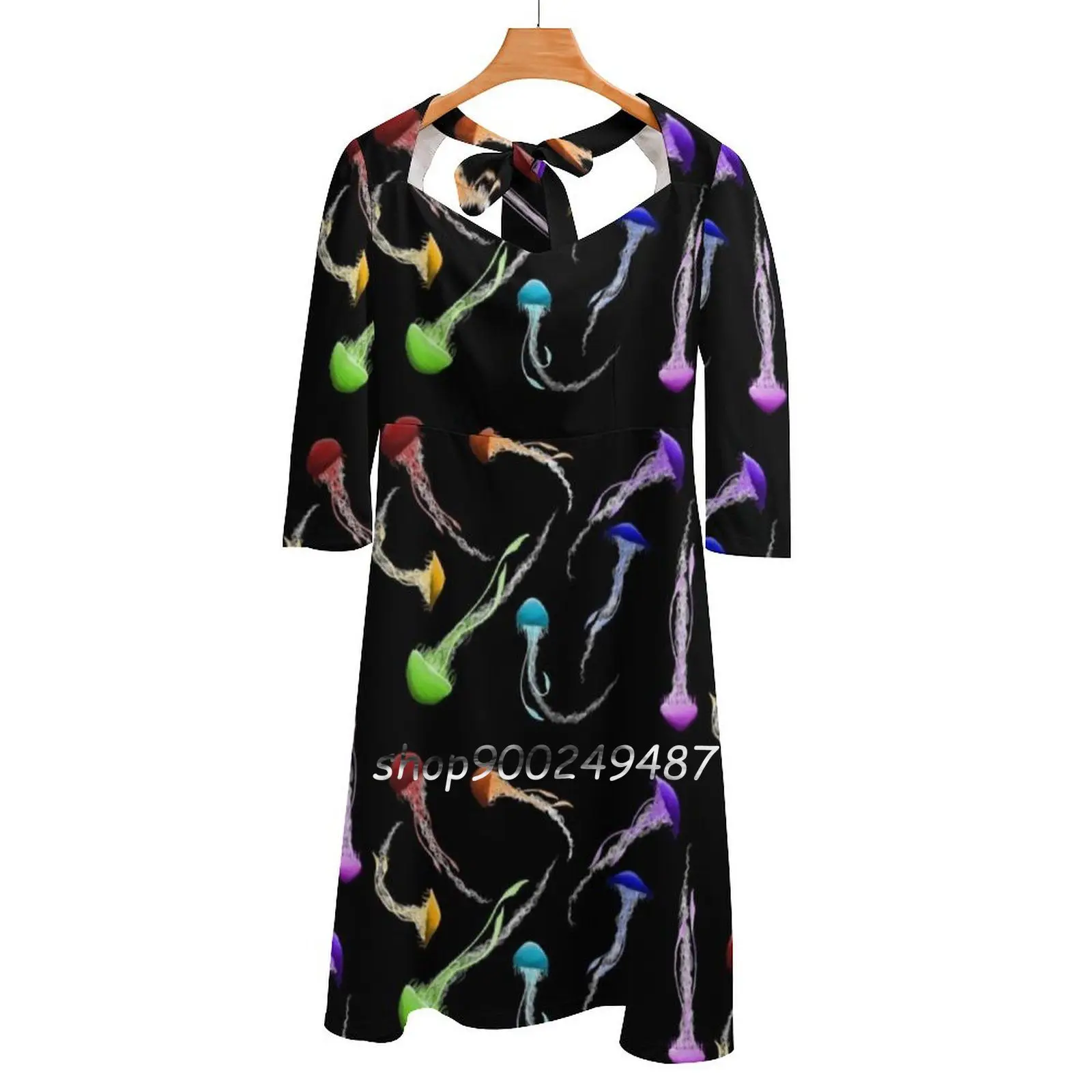 Rainbow Jellyfish Square Neck Dress Cute Loose Print Dresses Elegant Beach Party Dress Rainbow Jellyfish Pattern Colorful Swim