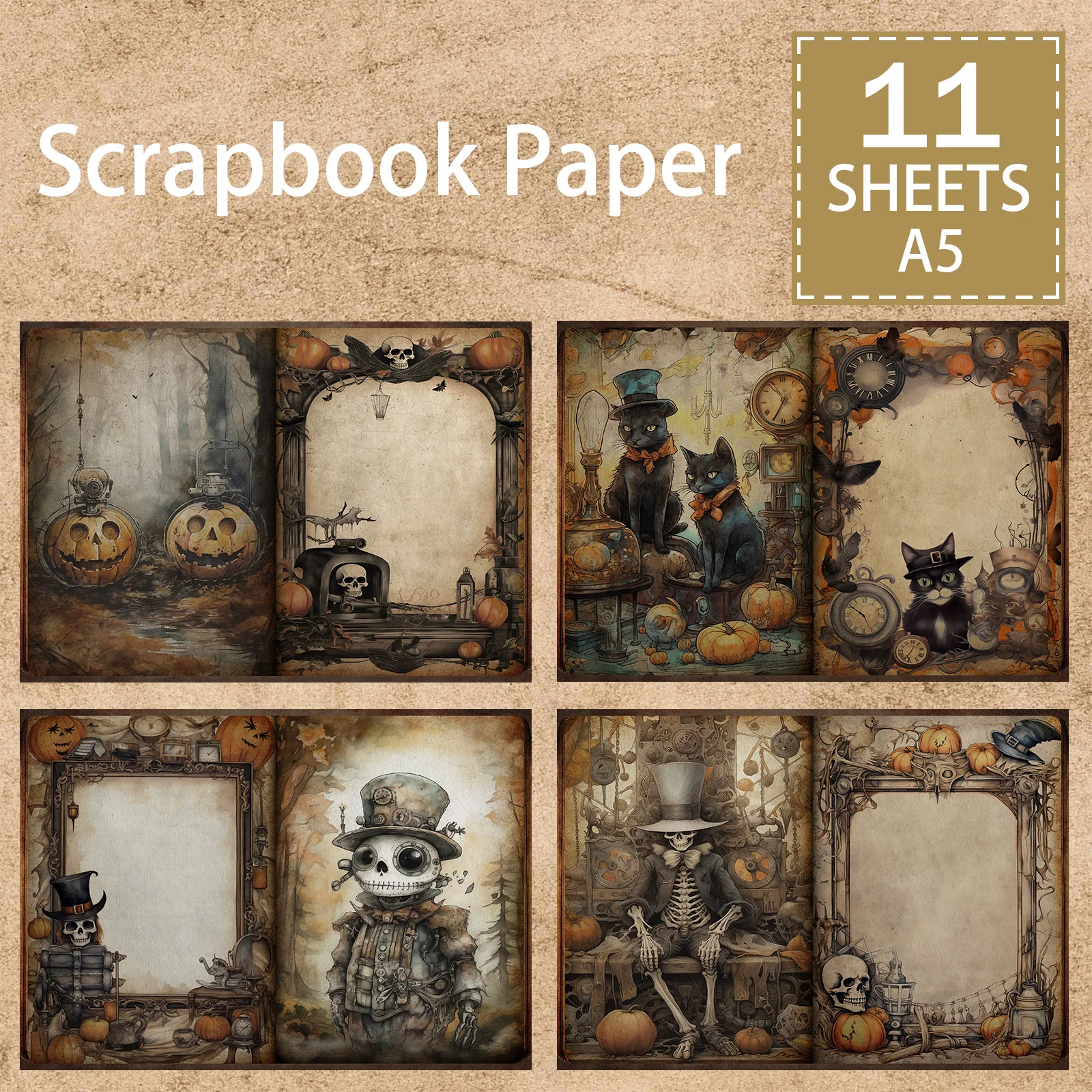 11 Sheets A5 Size Halloween Horror Crow Bat Black Cat Background Vintage Grunge Journal Planning Scrapbooking