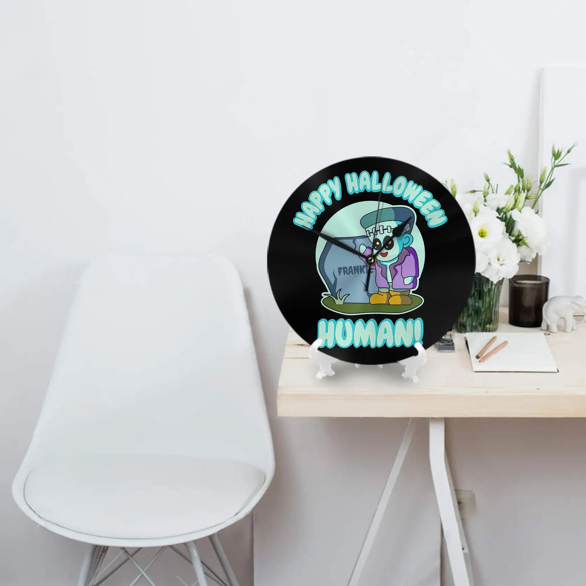 Cute Chibi Frankenstein Happy Halloween Human Wall Clock Room Decoration Silent Round Clock for Bedroom Living Kitchen Home
