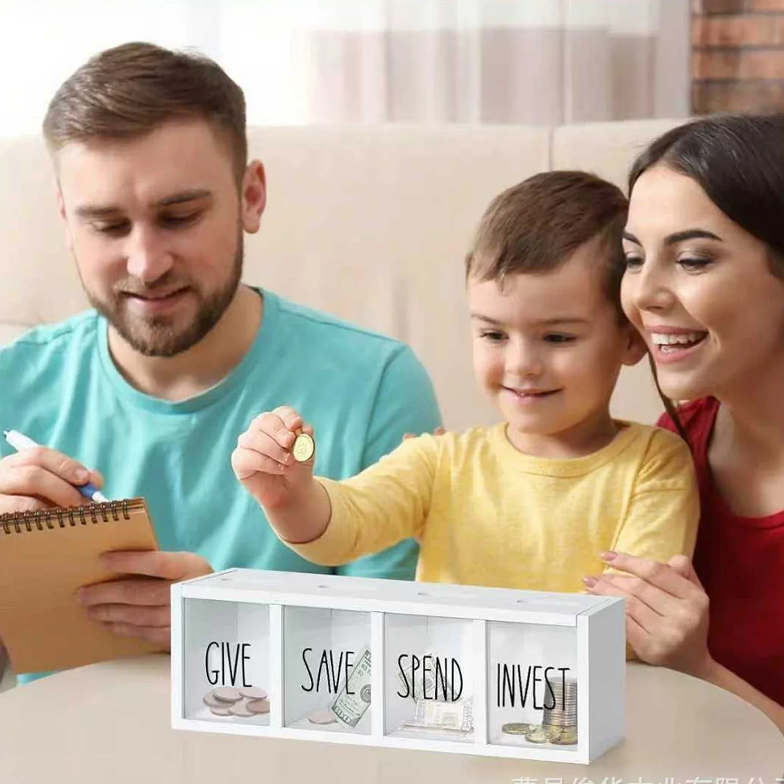 Personalized Wood Kids Coin Bank 4 Compartment Save Spend Donate Invest Acrylic Window Non-slip Base Gift