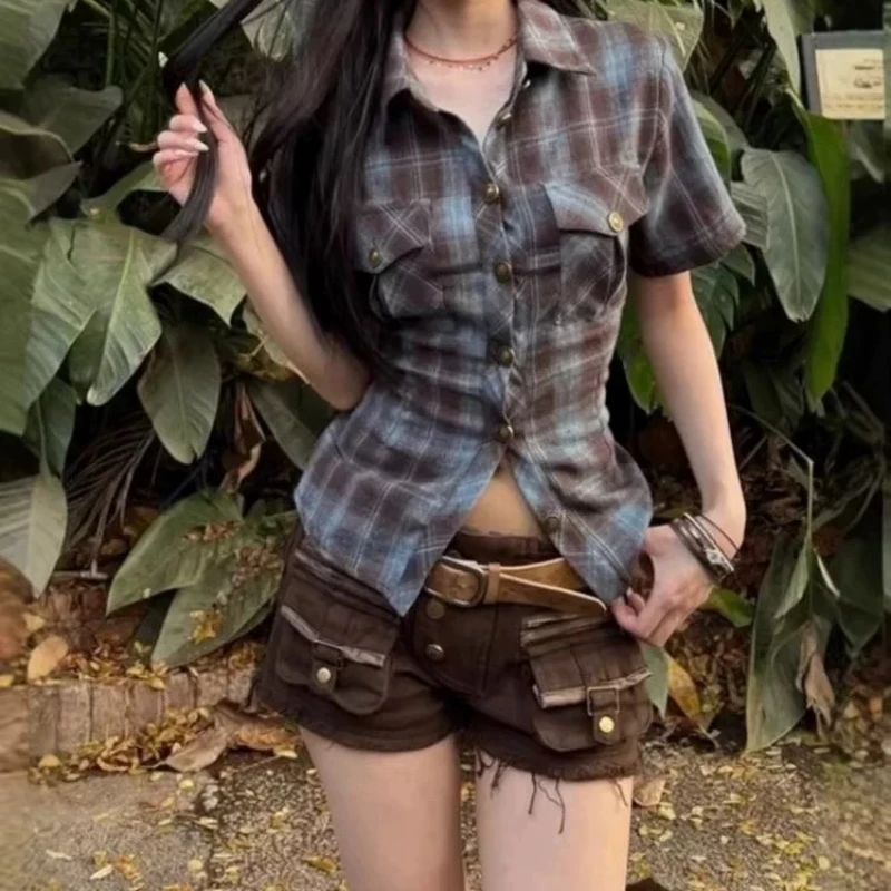 Deeptown Y2k Vintage Plaid Sexy Backless Women Shirt Detachable Sleeve American Fashion Aesthetic Blouses Slim Gyaru Summer 2025