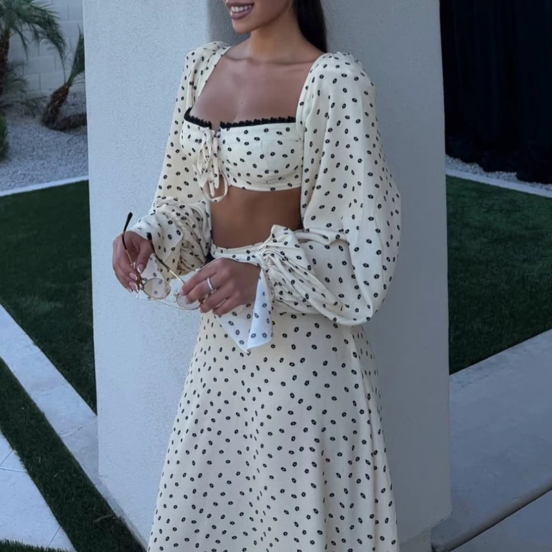 

Elegant Square Neck Backless Tie Up Beach Holiday Outfit Sexy High Waisted Top+Skirt 2pc Set Trendy Polka Dot Self Cultiva Suit