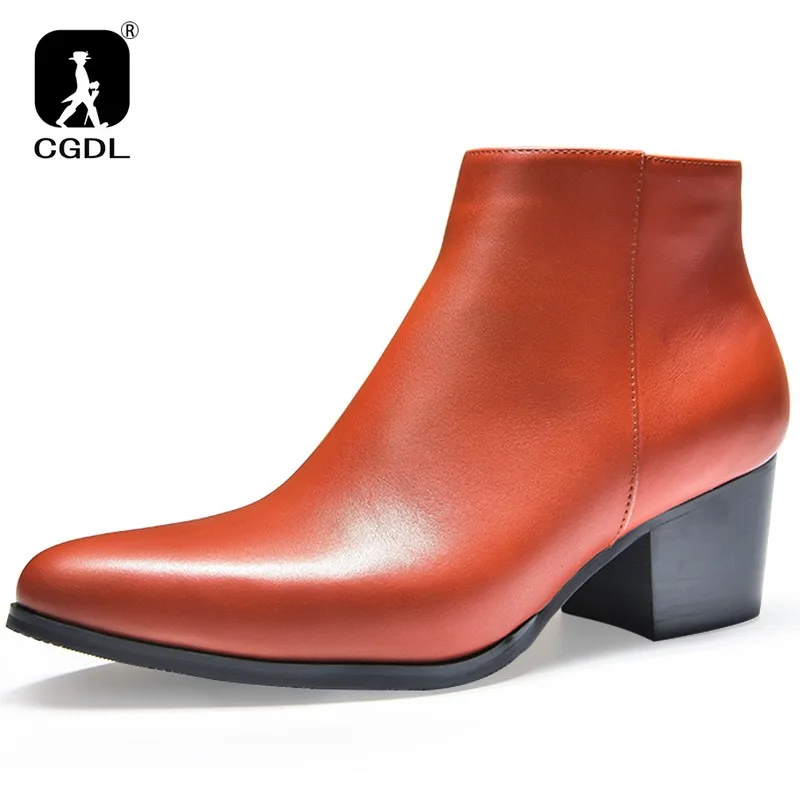 Men Ankle Boot High Heel Genuine Leather Men\'s Shoe Fashion Pointed Toe Dress Wedding Male Shoes Side Zipper Basic Boots for Men