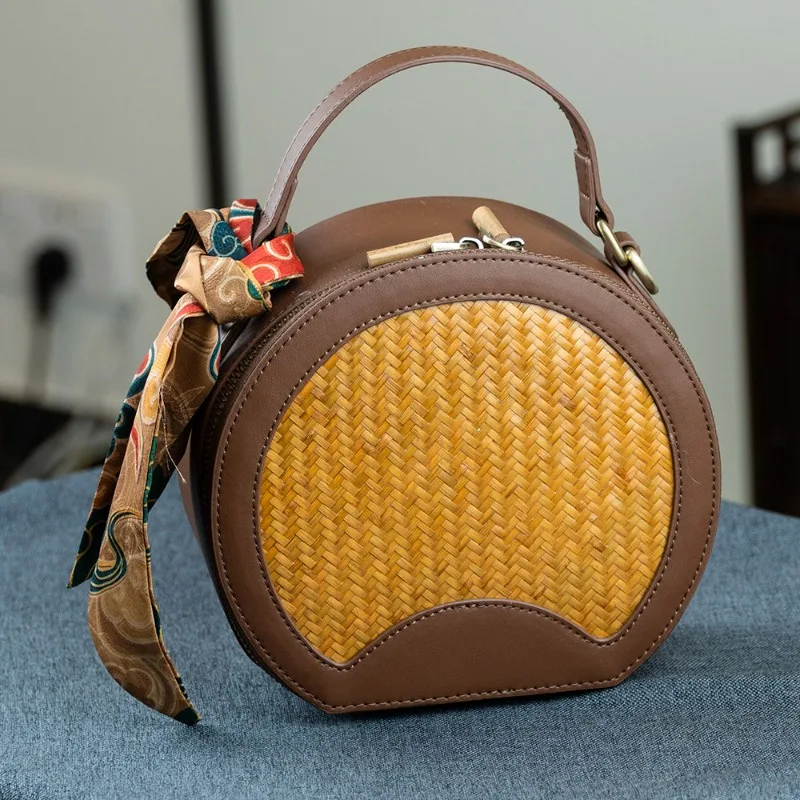 Master qiu's bb065 handwoven bamboo round leather bag