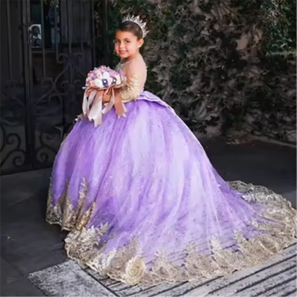 Sukienki dla dziewczynek na wesele z koronką, satynową kokardą, sukienka na Pierwszą Komunię Świętą z trenem, sukienki księżniczki dla małych dzieci na konkursy piękności