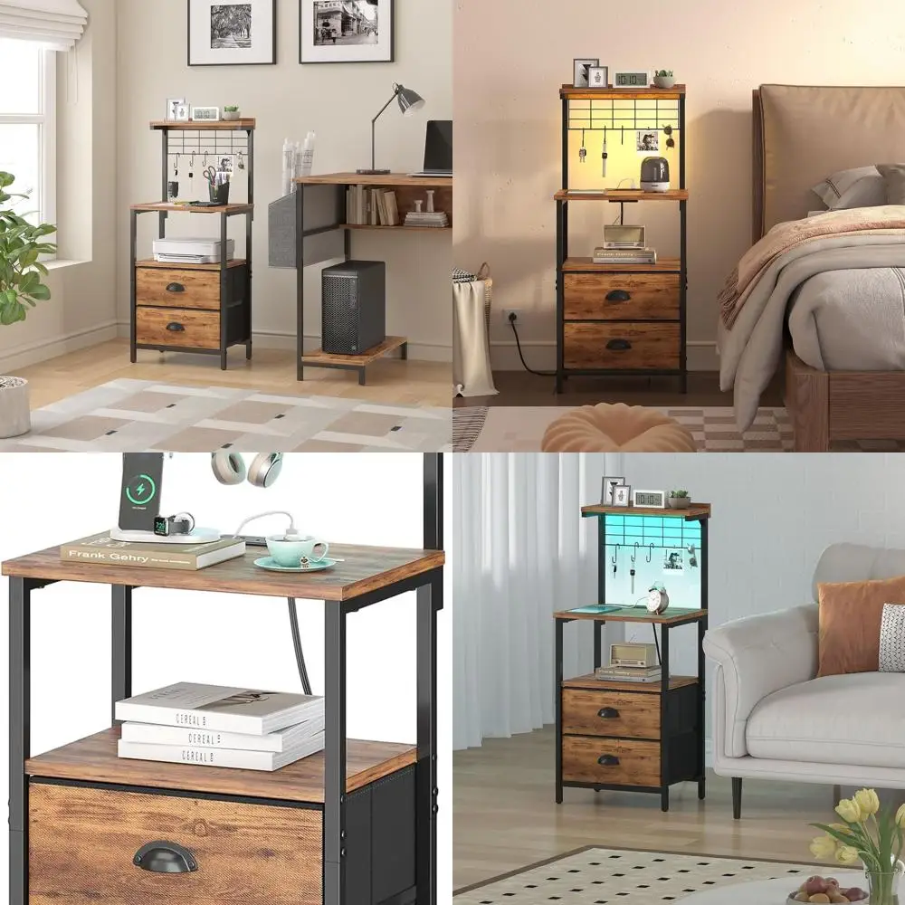 

Высокая тумбочка коричневого цвета в деревенском стиле с зарядной станцией, светодиодом, тканевыми ящиками, крючками, USB-портами и открытыми полками для спальни или офиса