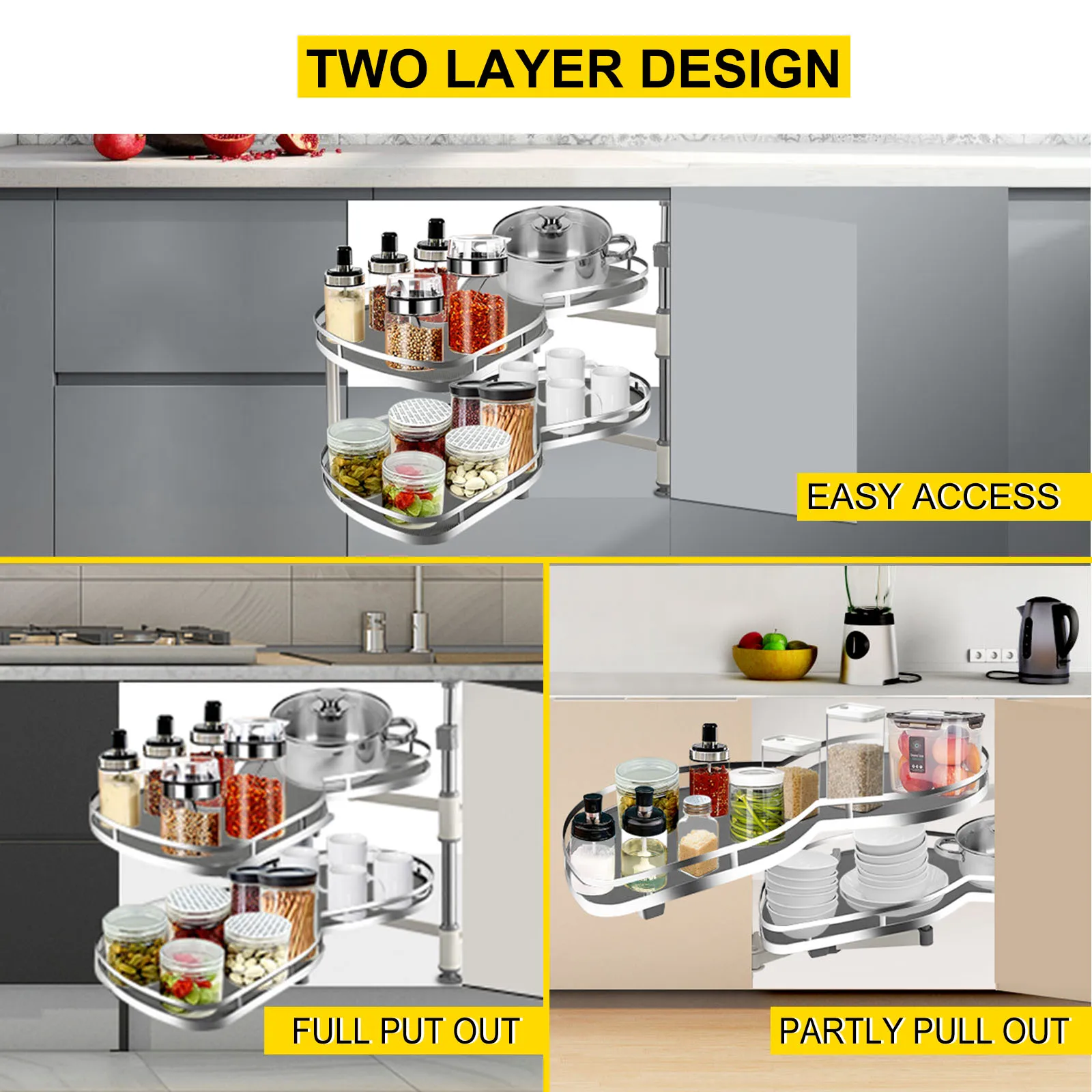 VEVOR-Swing Esquerda e Direita Canto Gabinete, Pull Out Cabinet, 2 Tier Swing Bandeja, Armário de Cozinha, Soft Close