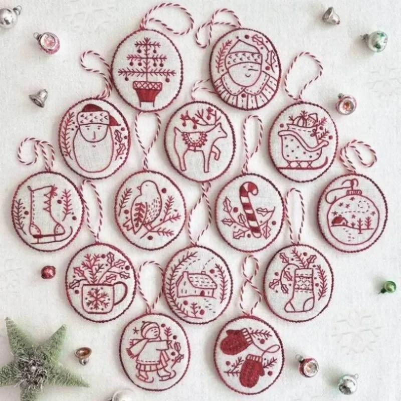 Jolly and Bright Hand Embroidery Christmas Ornaments kit Hand Embroidered Christmas Decoration Christmas Tree Hanging Decoration