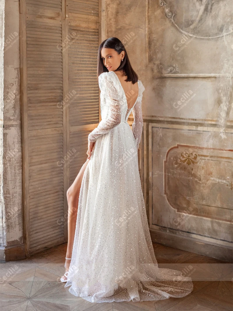 Charming Wedding Dresses Glitter Bridal Gowns Beading Appliques Full Sleeves Robes Deep V Neck Customized Vestidos De Novia 2025