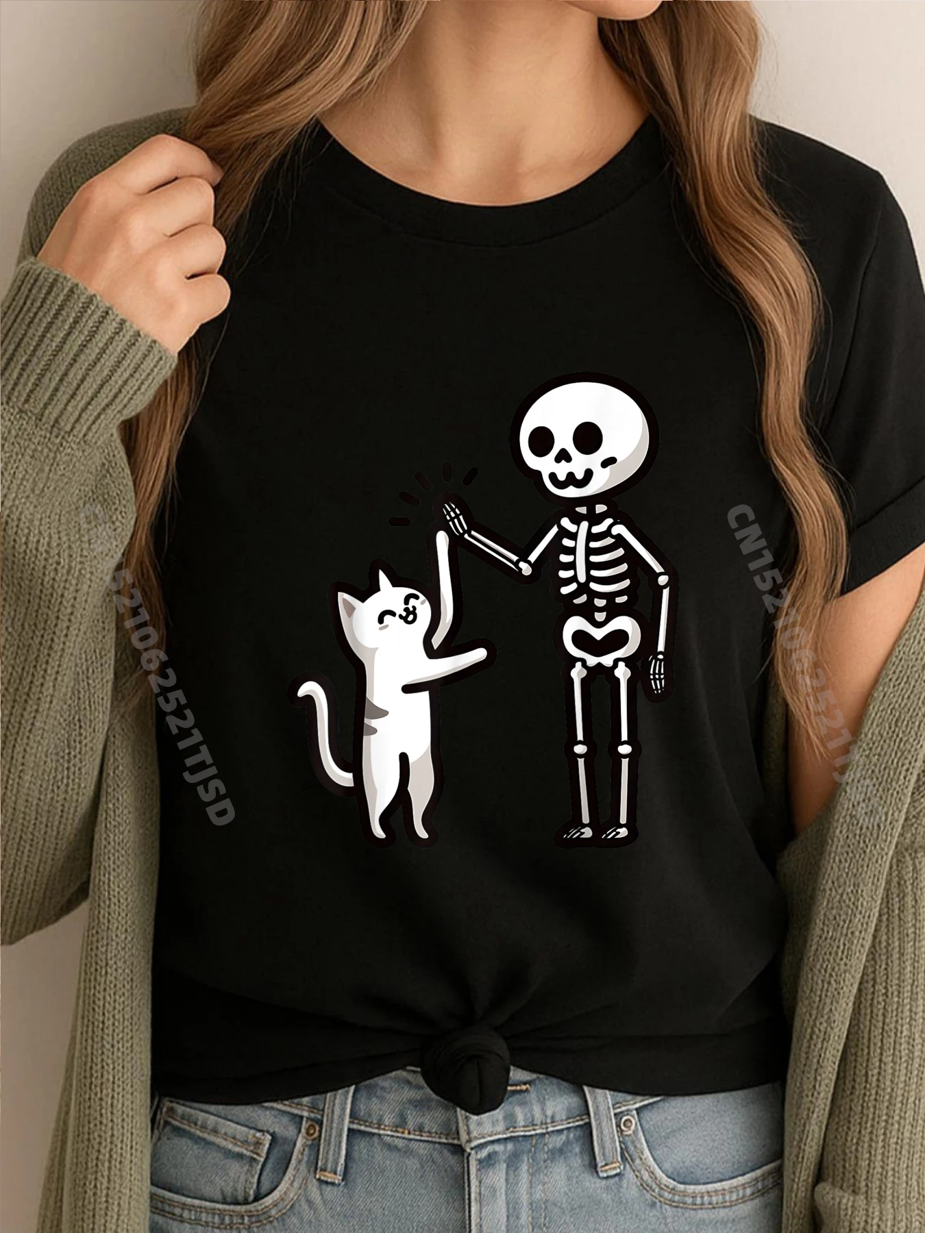 

Скелет и кошка, ручная игра, жуткий милый костюм на Хэллоуин, роскошная футболка, мужские подарки, мужские футболки для вечеринки