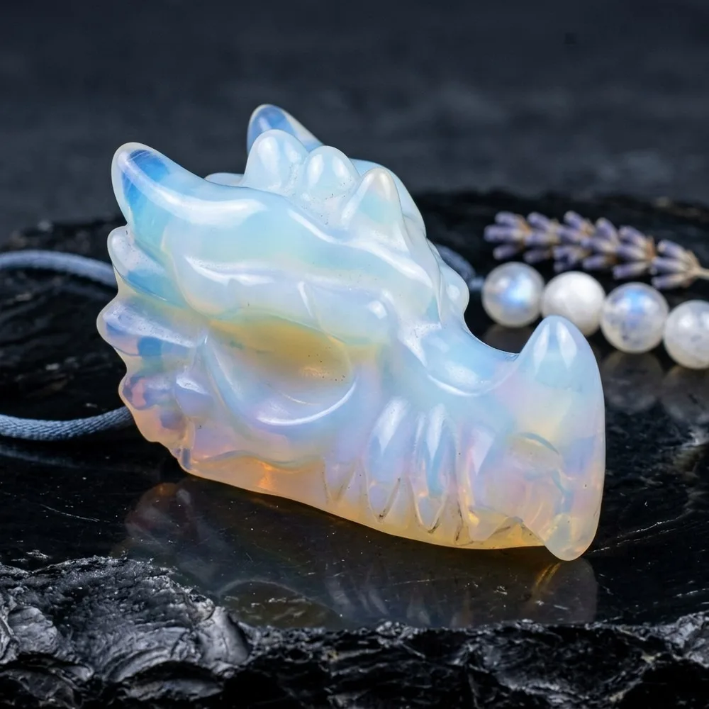 Hand Carved Opalite Dragon Head Crystal Skull Statue, Mystical Healing Reiki Decor, Gothic Halloween Gift