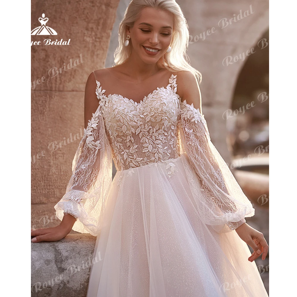 Roycebridal-Robe de Mariée en Tulle Blanc Cassé pour Femme, Ligne A, Manches sulf, Dentelle Boho, Quelle que soit la Taille, Éducative