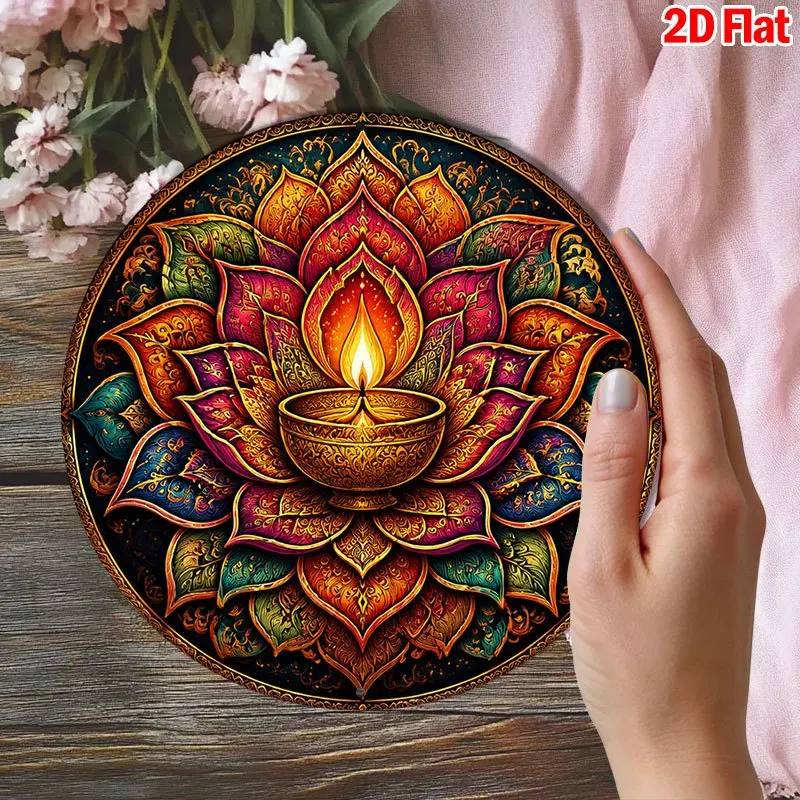 CIFBUY Retro Happy Diwali Lotus Oil Lamp Boho Aluminum Wall Art Waterproof Wearproof Home Yoga Yard Room Decor Gift