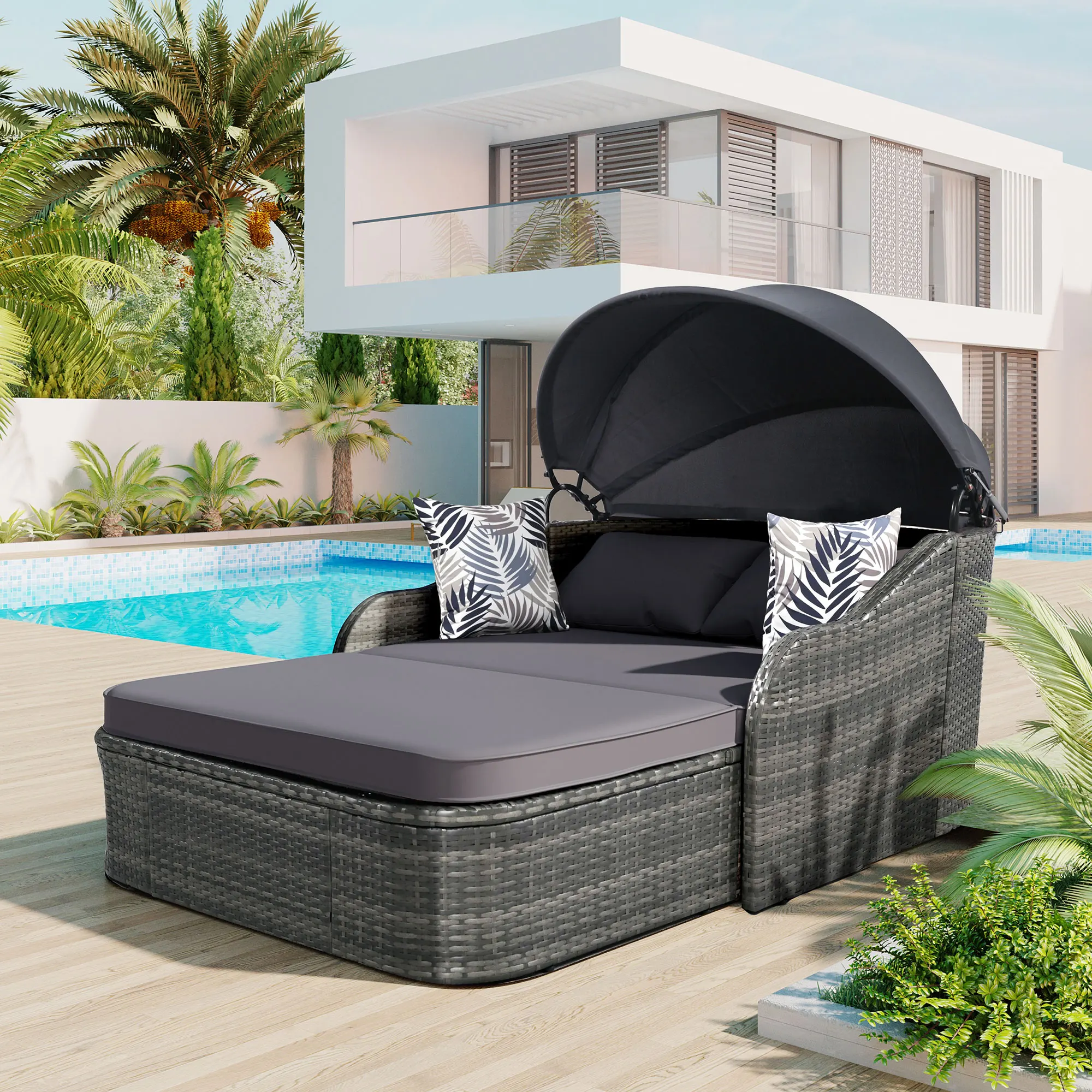 Espreguiçadeira ao ar livre com dossel ajustável, vime cinza e almofada, PE Rattan Daybed, Double Lounge, 79,9"