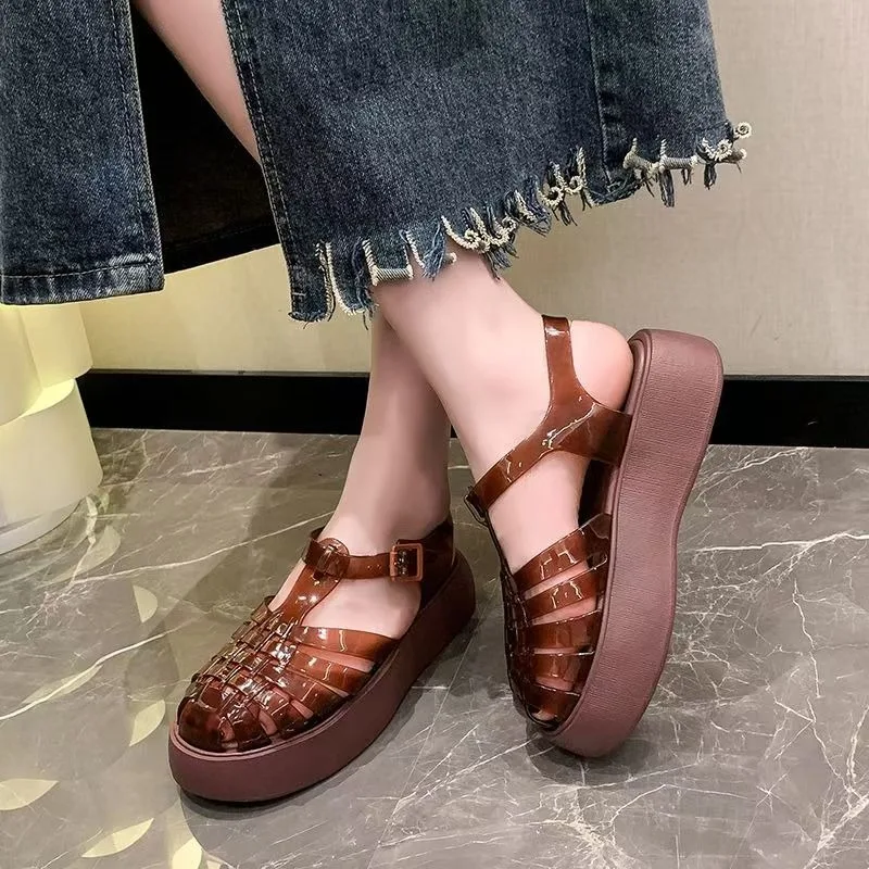 Women Sandals Summer New Style Hollow Baotou Simple Solid Color Sandal Fashion PU Leather Thick Sole Anti-Slip Women Roman Shoes