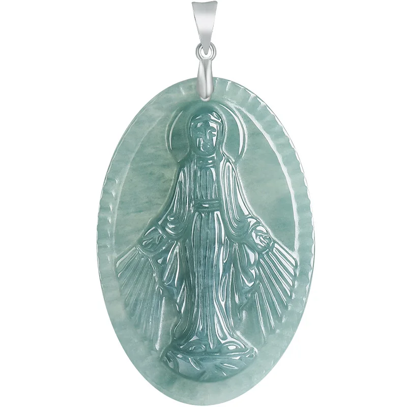 Burmese Jadeite Virgin Mary Pendant Necklace 925 Silver Fashion Accessories Burmese Jade Luxury Talismans Carved Amulet