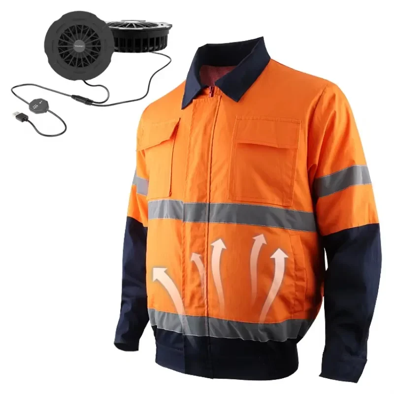 

Outdoor High-vis Construction Uniforms Fan Cooling Jacket With Heat-sealed Reflective Tape Fan Cooling Cloth